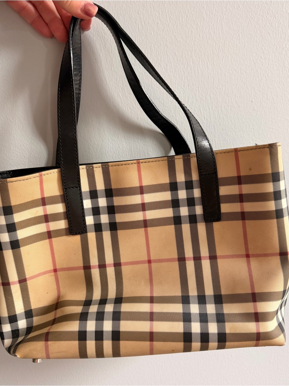 Classic Checked Tote Bag with Black Leather Handles - Picture 2 of 3